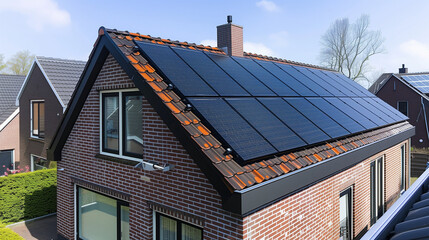 energy transition, street of houses with solar panels on the roof during spring in the Netherlands, zonnepanelen op dak, translation solar panels on roof