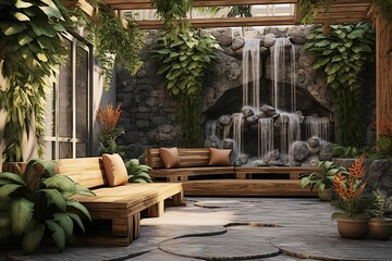 Fototapeta premium Cascading Waterfall Courtyard: Stone Benches & Green Plant Decor