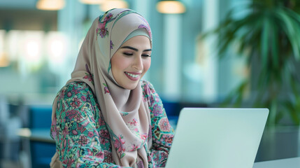Happy Professional Woman Wearing Hijab Working on Laptop in Office - obrazy, fototapety, plakaty