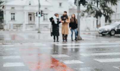 A group of young people in a winter setting, bonding and smiling together on a snowy street, conveying teamwork and friendship.