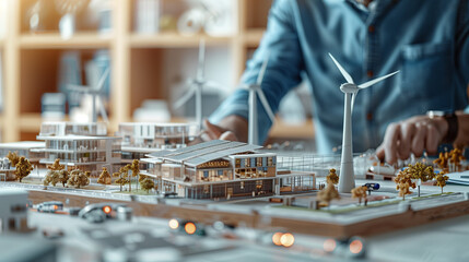 Engineers designing models of turbines, solar panels, and clean energy, discussing a clean energy city planning project with building models, energy transition	