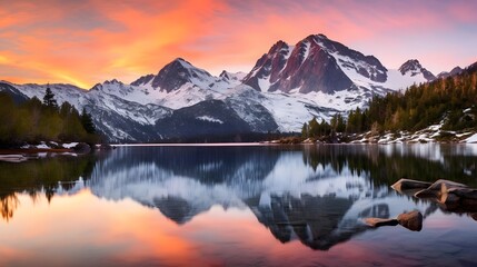 Fototapeta na wymiar Panoramic view of snow covered mountains reflected in lake at sunset