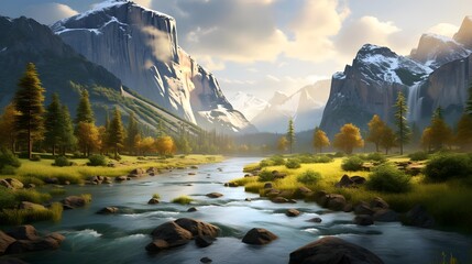 A panoramic shot of a mountain river flowing through the valley