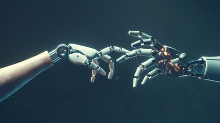Hands of Robot and Human Touching. Virtual Reality or Artificial Intelligence Technology Concept
