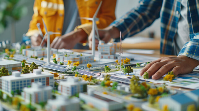 Engineers designing models of turbines, solar panels, and clean energy, discussing a clean energy city planning project with building models, green energy, energy transition