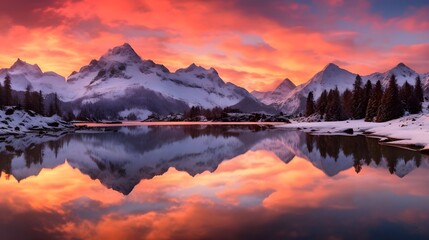 Fototapeta na wymiar Panoramic view of the lake and mountains at sunset, Switzerland