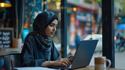 Happy Professional Woman Wearing Hijab Working on Laptop in Office - obrazy, fototapety, plakaty
