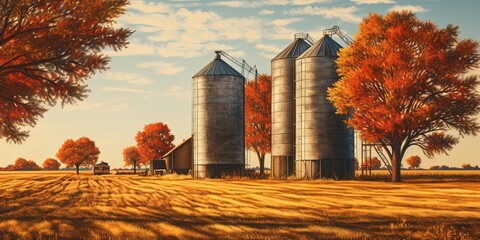fall autumn grain silos - obrazy, fototapety, plakaty