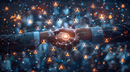 Business network concept. Management strategy. Human resources., double exposure of business people shaking hands