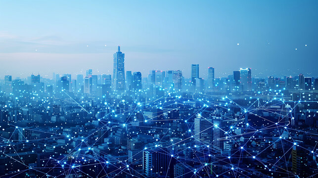 Fototapeta Smart city and communication network concept. 5G. IoT Internet of Things. Telecommunication, city skyline futuristic modern smart bouldings