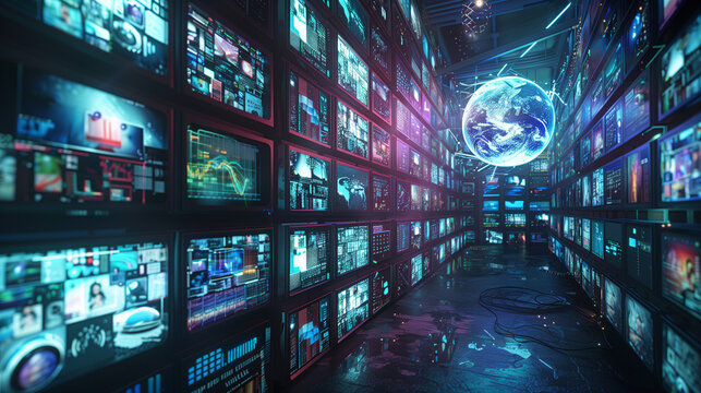 Digital contents concept. Social networking service. Streaming video. NFT. Non-fungible token. Wide angle visual for banners or advertisements.for broadcasting worldwide