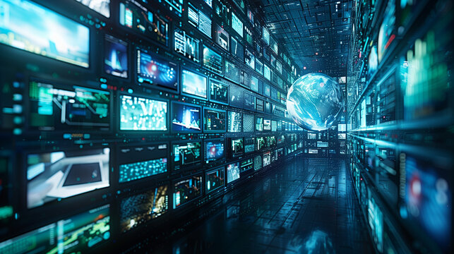 Digital contents concept. Social networking service. Streaming video. NFT. Non-fungible token. Wide angle visual for banners or advertisements., global digital world