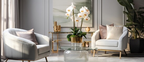 The living room is filled with modern furniture, including a white marble accent table with a gold base. Glass vases holding flowers add a touch of elegance. A cozy armchair is adorned with a gray