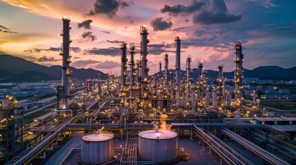 Oil refinery plant at sunset, The night view of petroleum and petrochemical factory with distillation column, - obrazy, fototapety, plakaty