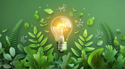 Light bulb on green background with energy saving icon on virtual screen