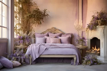 Fototapeten Chic Lavender and Rose Planters: Luxe Velvet Bedding and Ornate Garden Benches in a Lavish Bedroom © Michael
