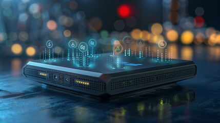  5g next-generation router for home secure networks and online communication high bandwidth internet technology, 5g router with icons floating above