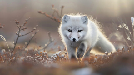 A fluffy baby arctic fox frolicking in the tundra