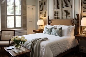 Chic Boutique Hotel Room: Plantation Shutter Windows, Luxurious Bed Linens, and Vintage Furnishings