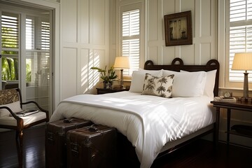 Chic Boutique Hotel Room with Plantation Shutter Windows and Luxurious Vintage Furnishings