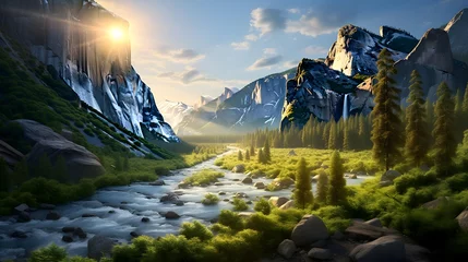 Gardinen Panoramic view of the mountain river at sunset. Mountain landscape © Iman