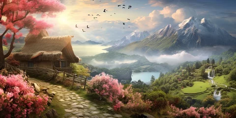 Foto op Canvas Magical scene of a thatched cottage amid blooming flowers with a mist-covered mountain landscape © Влада Яковенко