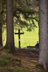 A man sits on a bench in a forest, looking at a cross - 751000133