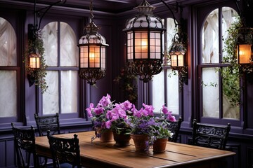 Fototapeta na wymiar Retro Chic Dining Area: Lavender & Rose Planters, Ornate Ironwork, Retro Lighting Fixtures
