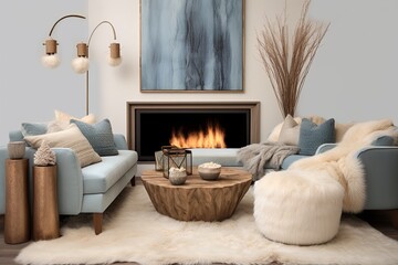 Chic Interior: Faux Fur Accents & Mediterranean Color Palette for Cozy Fireplace Inspirations