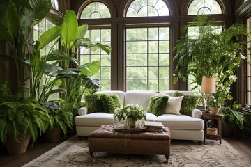 Fototapeta na wymiar Lush Fern and Orchid Bohemian Chic Living Room with Greenery Rug