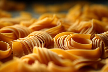 Fresh, uncooked pasta fettuccine up close with a soft focus background.