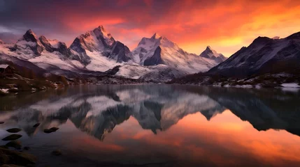 Gardinen Panoramic view of snow capped mountains reflected in water at sunset © Iman