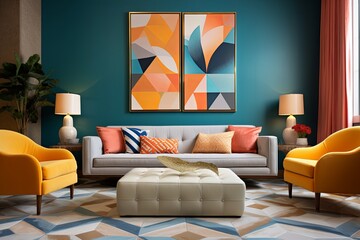 Vibrant Mediterranean Lounge: Chic Geometric Wallpaper Design Ideas