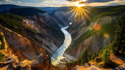 Sunset over the Grand Canyon of the Yellowstone in Yellowstone National Park - obrazy, fototapety, plakaty