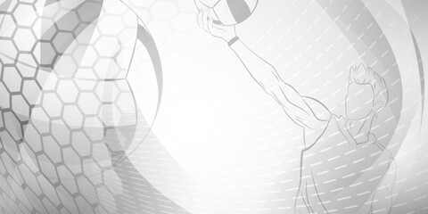 Volleyball themed background in gray tones with abstract meshes, curves and dotted lines, with a male volleyball player hitting the ball