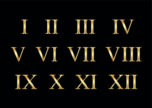 Gold Roman Numerals set collection isolated on black background. Elegant ancient number font 1 to 12 old golden luxury math for templates and  counting. Vector shimmy metal retro style