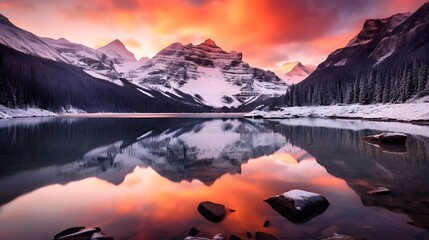 Fototapeta na wymiar Panoramic view of snow-capped mountains and lake at sunset