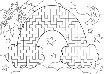 Unicorn black and white geometrical maze for kids. Fairytale line preschool printable activity shaped as rainbow. Magic or fantasy labyrinth game puzzle or coloring page with stars, clouds, half-moon.