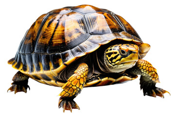 Fototapeta premium Box turtle, full body view, high-quality stock photography, isolated on pure white background, shell texture evident, natural pose, subtle shadow for depth, studio lighting, high resolution