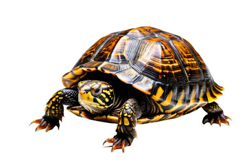 Fototapeta premium Box turtle, full body view, high-quality stock photography, isolated on pure white background, shell texture evident, natural pose, subtle shadow for depth, studio lighting, high resolution