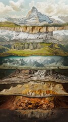 vertical segmented images of abstract landscapes and environments of mountains, snow, lakes and...