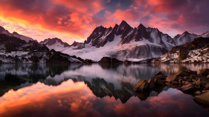Fototapeta na wymiar Beautiful panoramic view of snowy mountains and lake at sunset