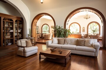 Chic Villa: Vinyl Seat Furnishings in Spacious Living Room with Arched Doorways