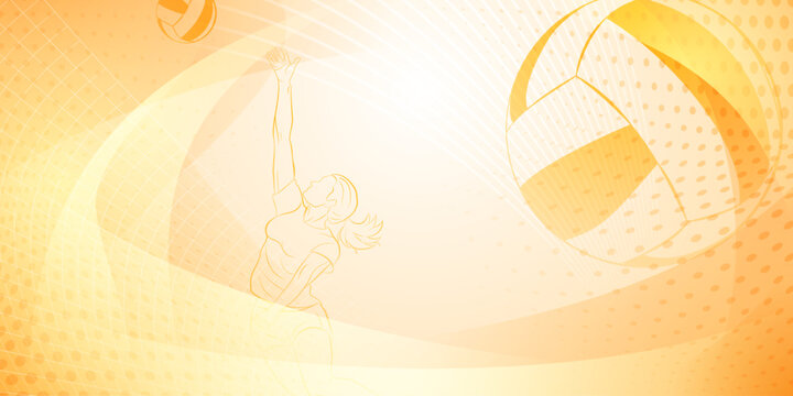 Volleyball themed background in yellow tones with abstract lines, curves and dots, with a female volleyball player hitting the ball