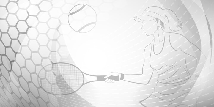 Tennis themed background in gray tones with abstract meshes, curves and dotted lines, with a female tennis player in action, swinging a racket to hit the ball away