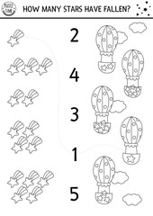 Black and white match the numbers unicorn game with fallen stars and hot air balloon. Magic, fairytale, space line math activity for kids. Fantasy world educational counting worksheet, coloring page .
