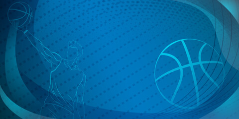 Fototapeta premium Basketball themed background in blue tones with abstract lines, curves and dots, with a male basketball player and ball
