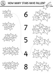 Black and white match the numbers unicorn game with smiling fallen stars. Magic, fairytale or space line math activity for preschool kids. Fantasy world educational counting worksheet, coloring page.