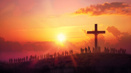 Silhouette of a cross and people symbolizing religion faith and beliefs - obrazy, fototapety, plakaty