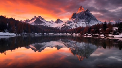 Panoramic view of snowy mountains and lake with reflection in water